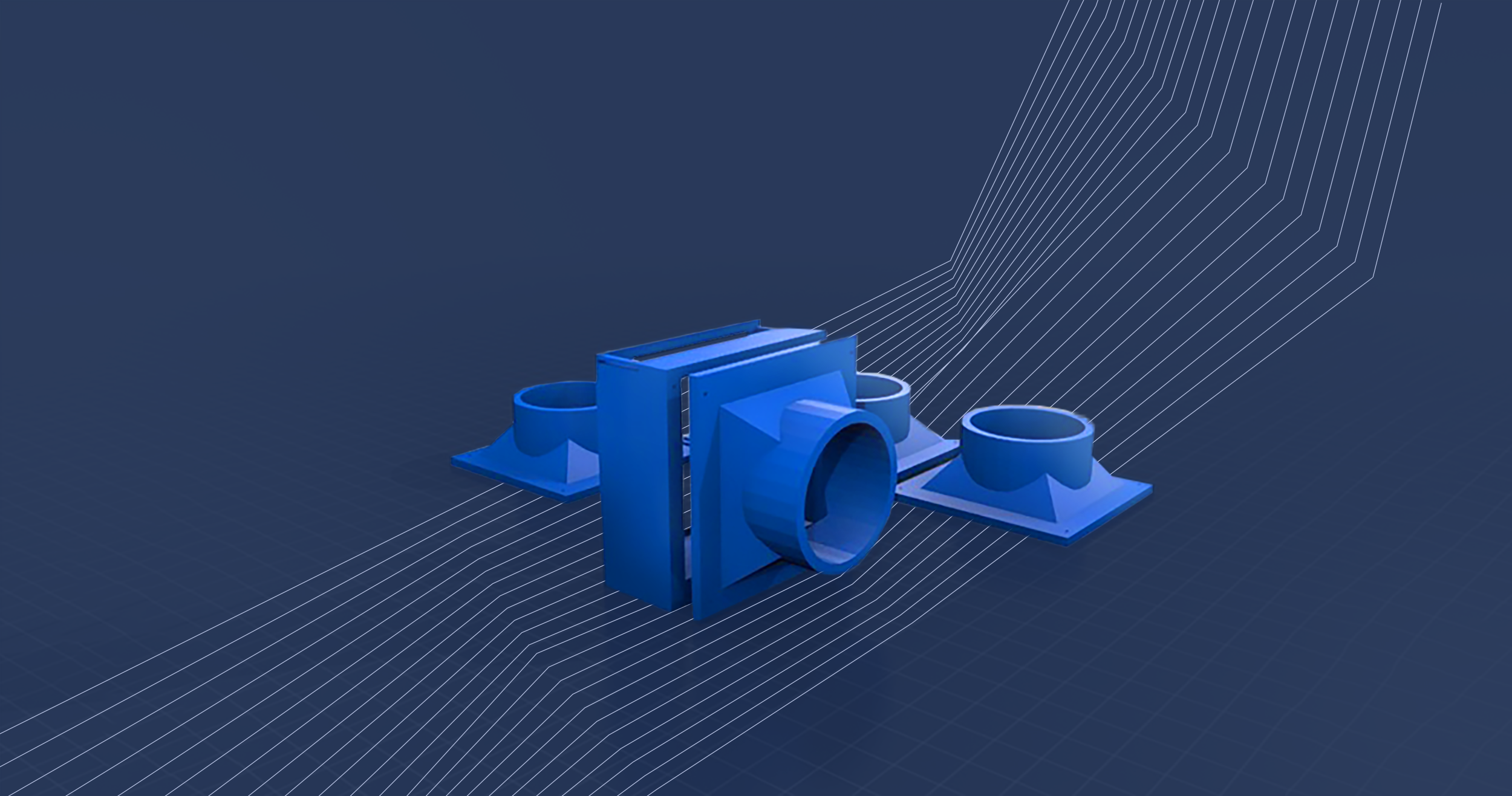 The image is a 3D rendering of a blue centrifugal pump used in engineering designs.